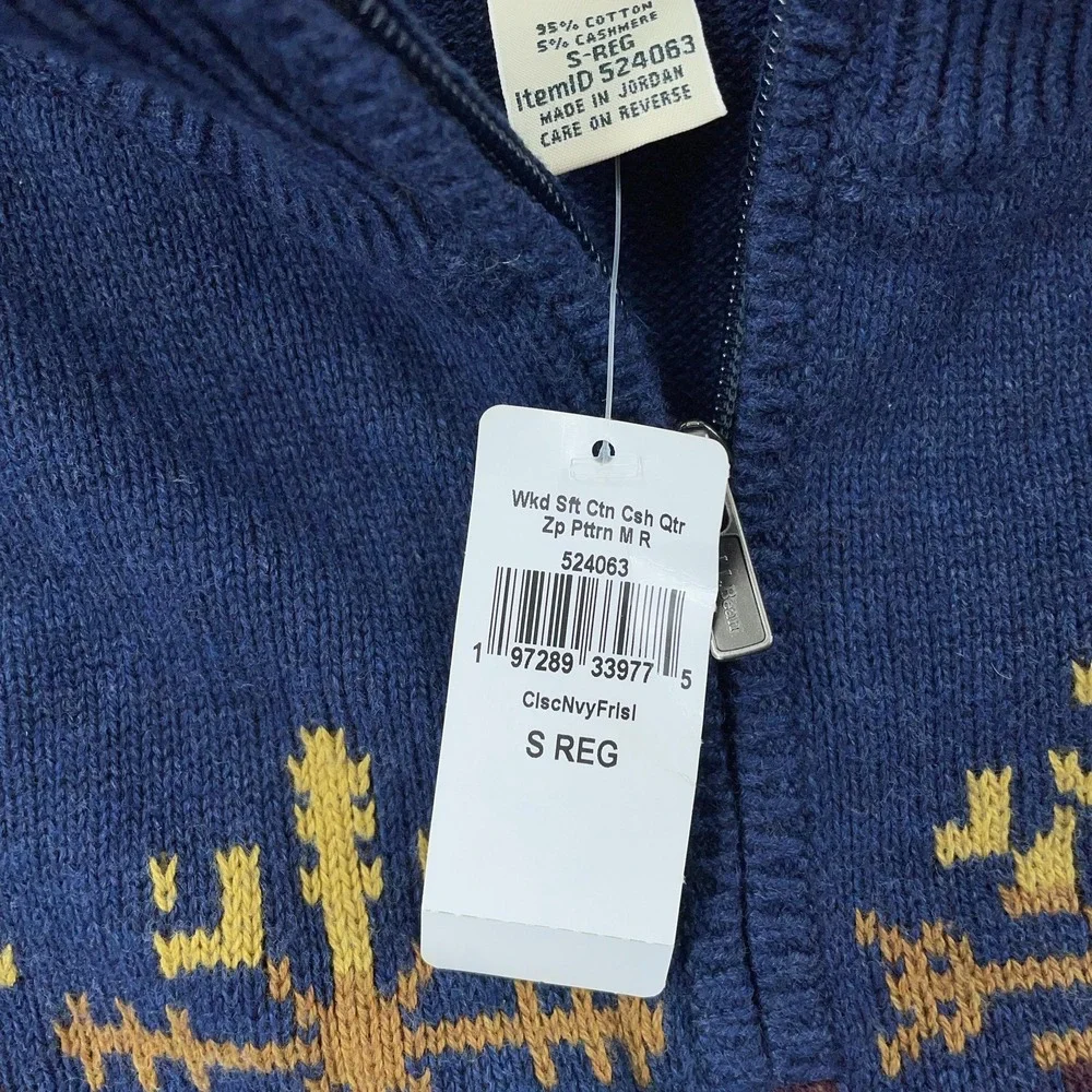 L.L. Bean Sweater Mens Small Navy 1/4 Zip Cashmere Blend Fair Isle Wicked‎ Soft